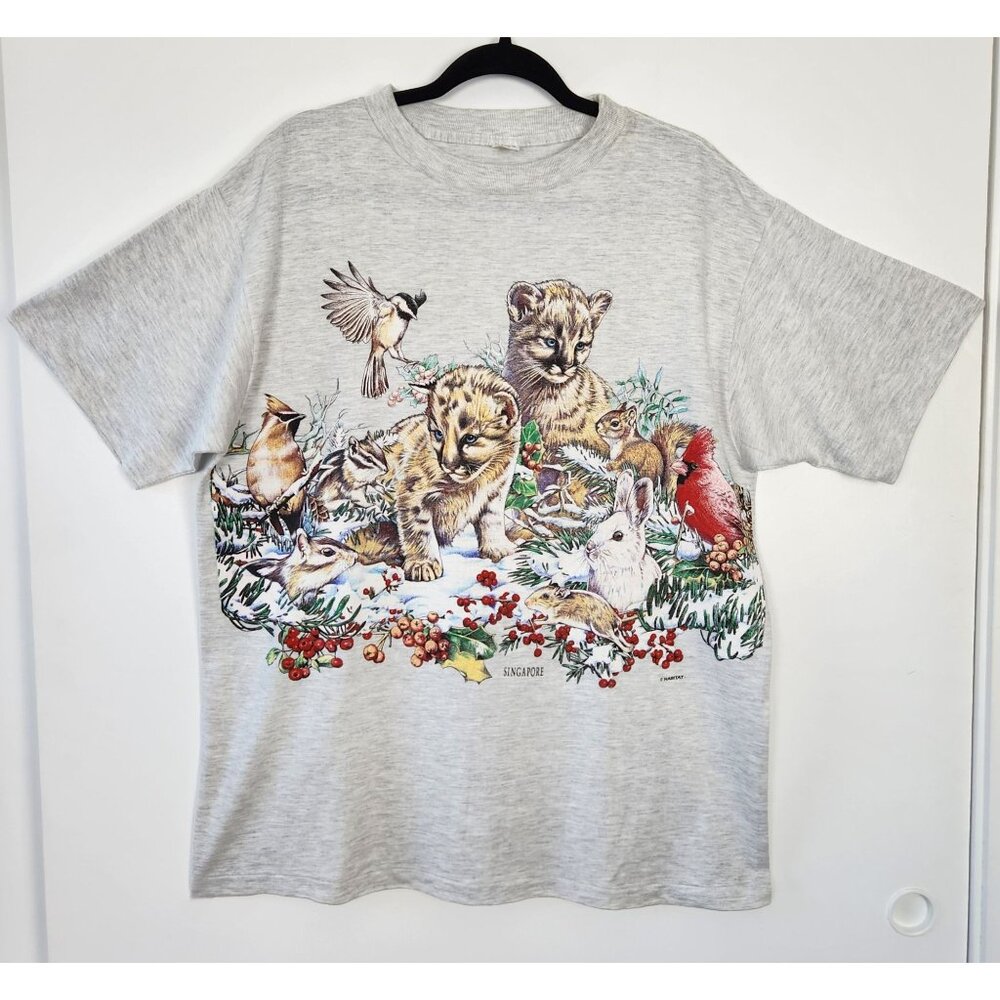 Vintage Habitat Singapore Single Stitch T Shirt, Winter Birds, Bunnies, Cats, Lg
